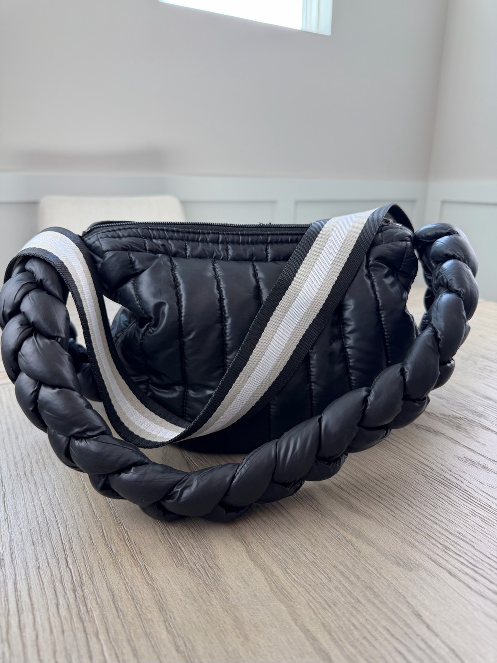 Think Royln Black Quilted Puffer Crossbody Shoulder Bag Braided Strap Nylon